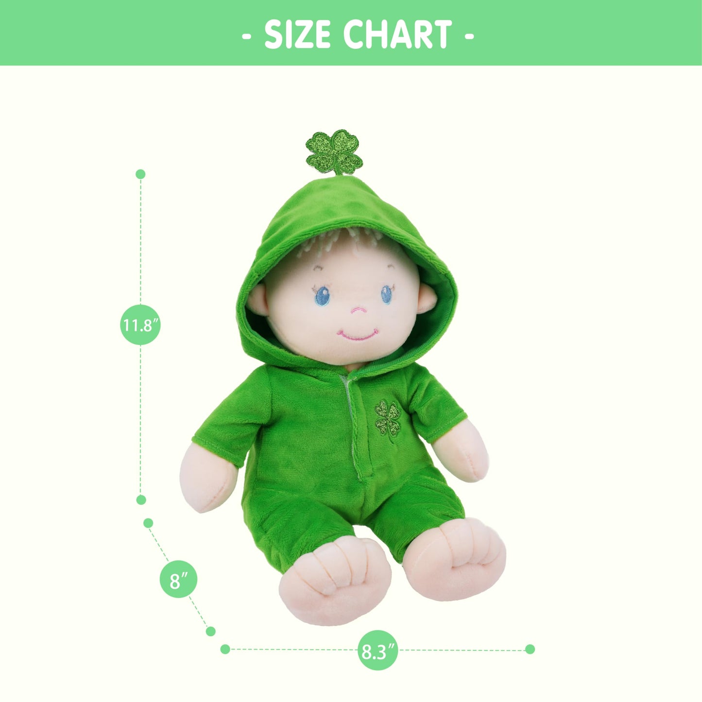 June Garden 12'' Sweet Dolly Clover - Plush Baby Doll for Birth and Up - Saint Patrick's Day Edition