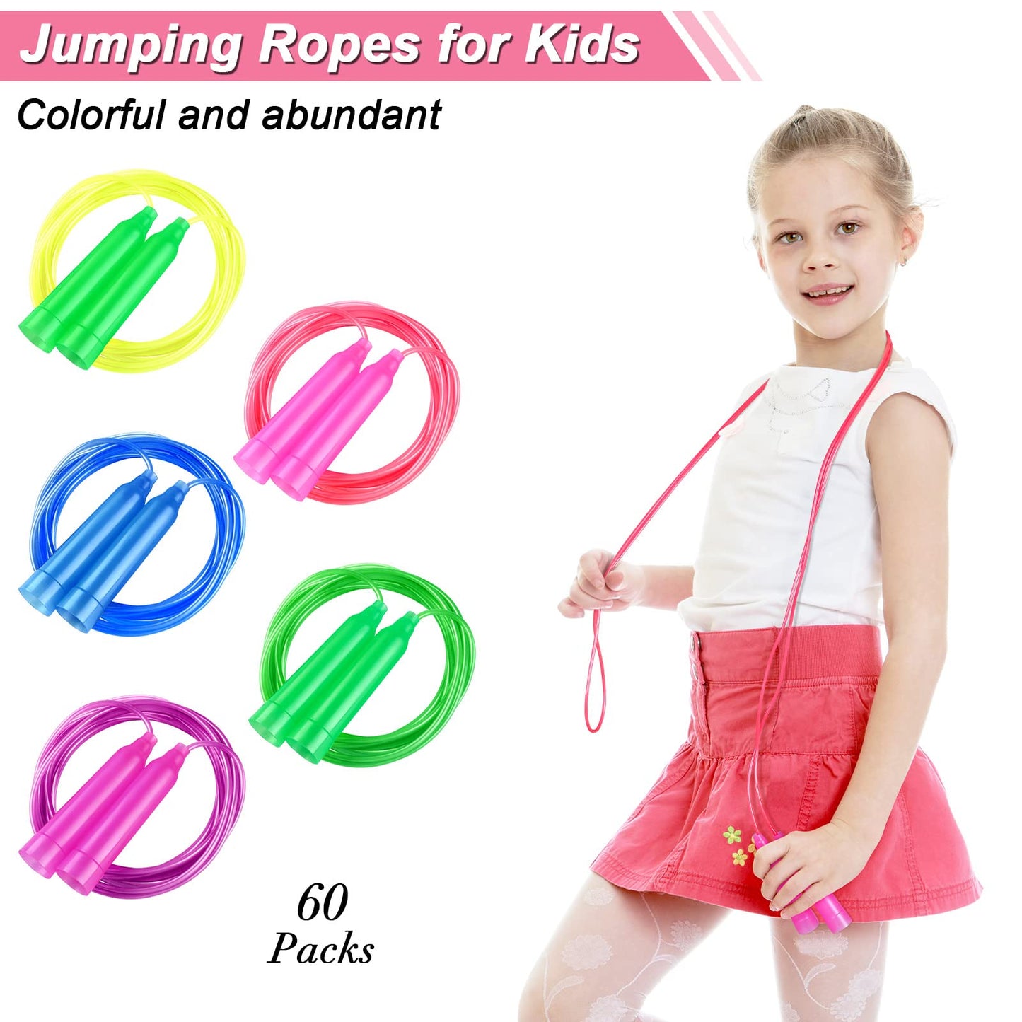 Aodaer 60 Packs Kids Jump Rope Set Colorful Outdoor Jump Ropes 7.3 Feet Adjustable Skipping Ropes For Outdoor Fun Activity Great