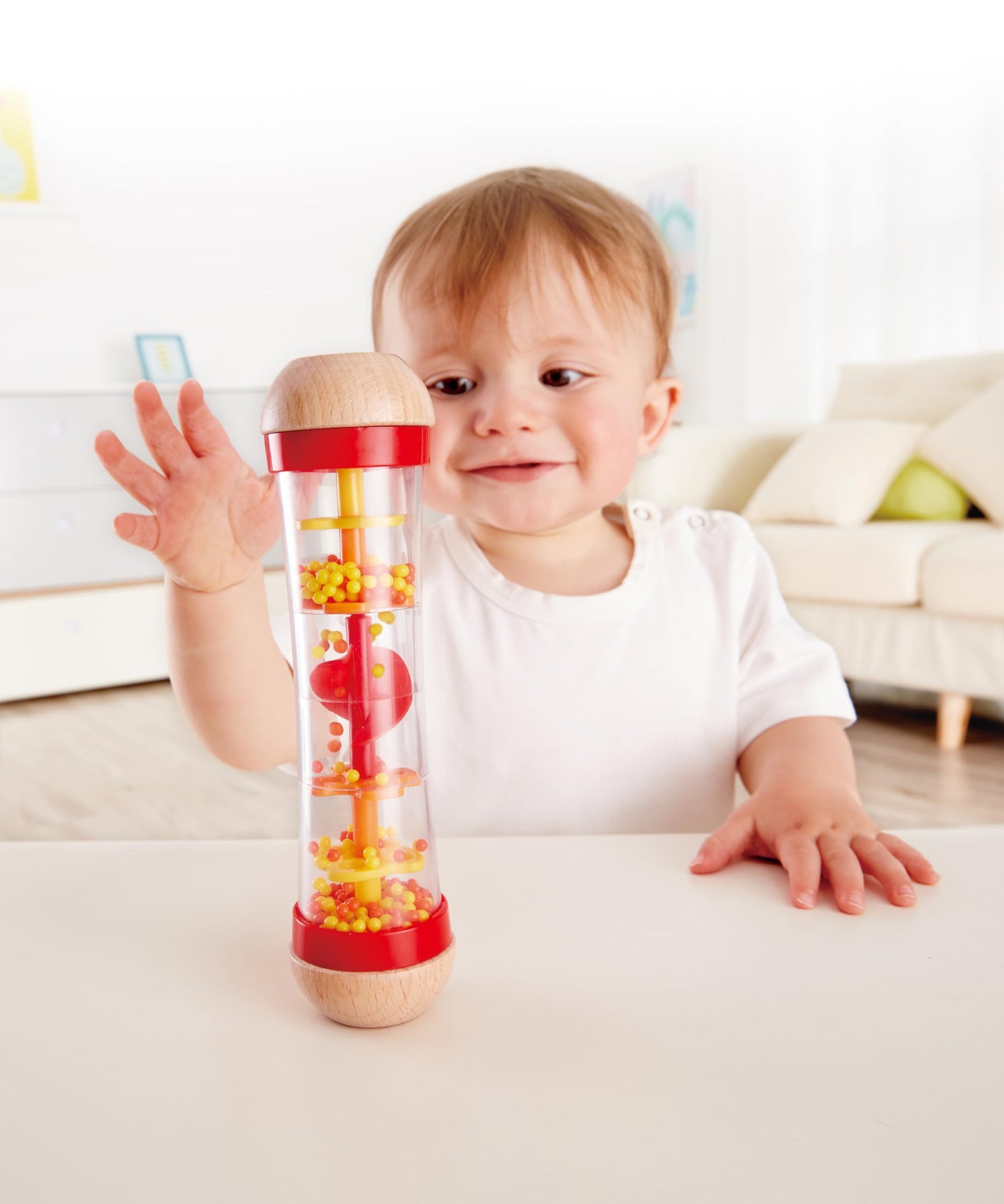 Hape Beaded Raindrops | Mini Wooden Musical Toddler Instrument, Shake & Rattle Rainmaker Toy, Red, L: 2, W: 2, H: 7.9 Inch