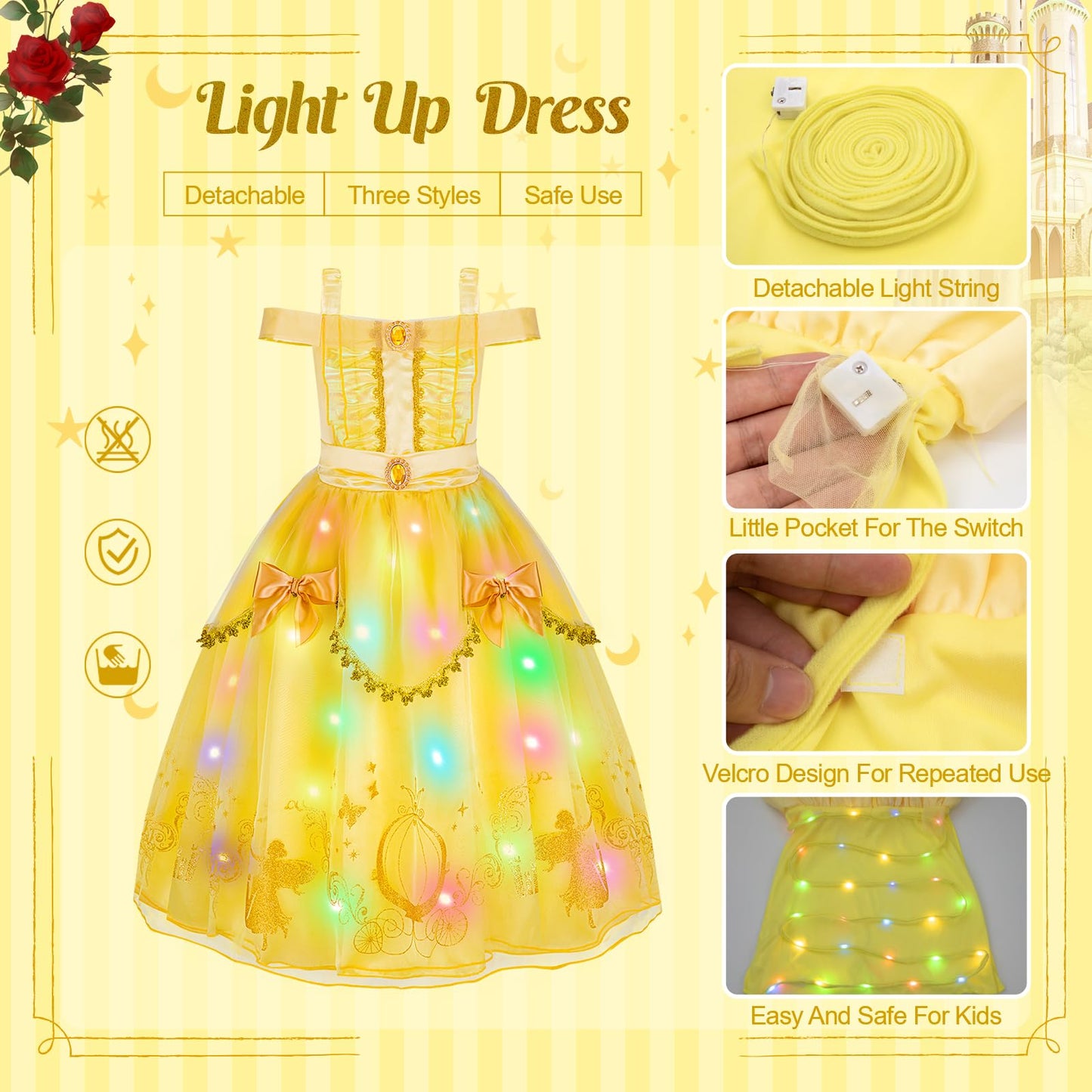 Meland Princess Dress Up For Girls - Light Up Dress Up Clothes & Princess Costume For Toddler Girls Aged 3-10, Gift For Girl 3 4
