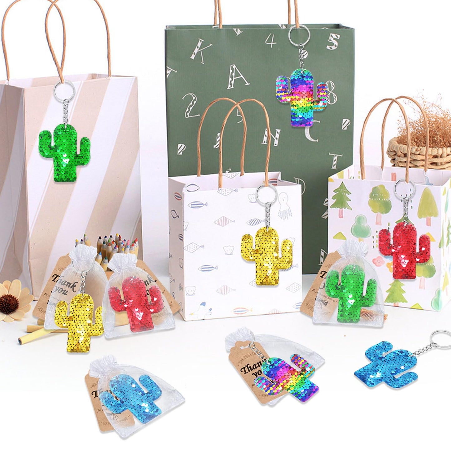 CiciBear 25 Pack Cactus Sequin Keychains for Cactus Mexican Fiesta Tropical Hawaiian Summer Themed Party Favors, Kids and Adults