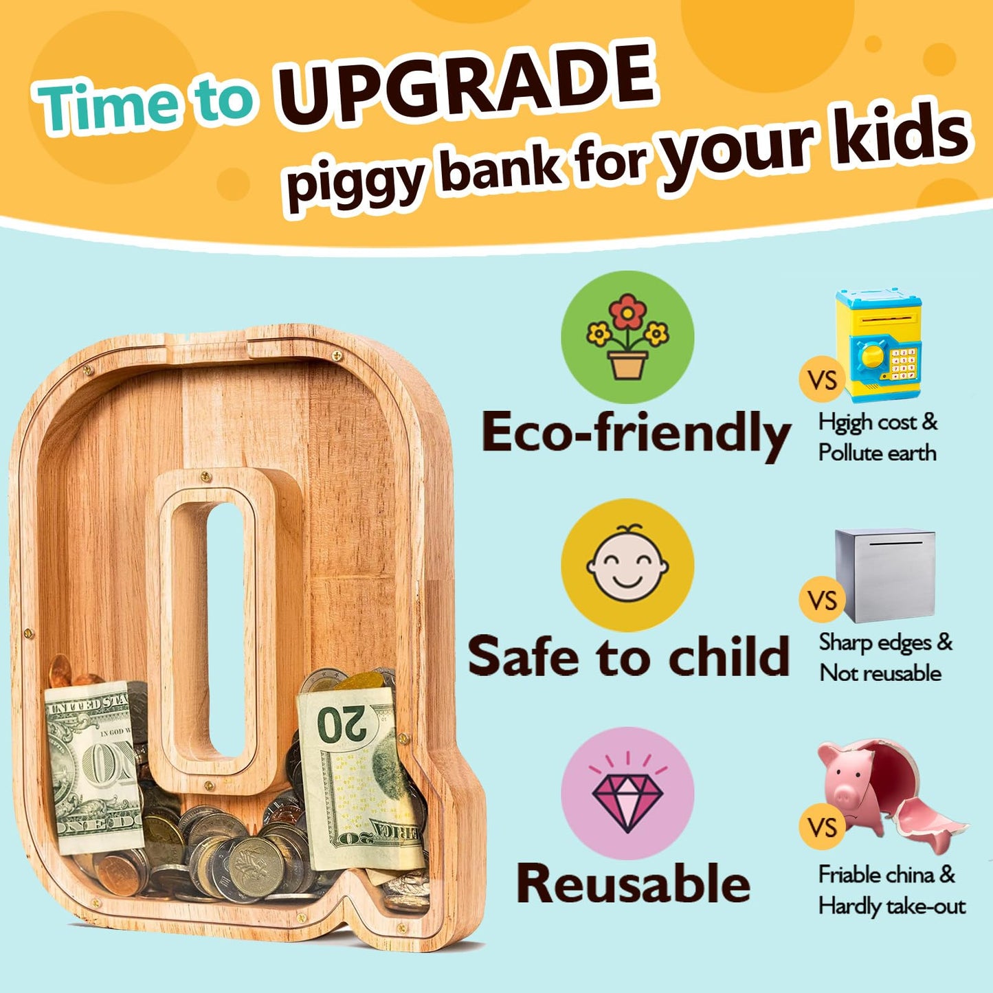 Summidate Wooden Letter Piggy Bank| Piggy Bank For Boys Girls Toddler| Alphabet Q Money Bank| Coin Bank Birthday Gift For Kids|2024 Graduation Money Box (Q)