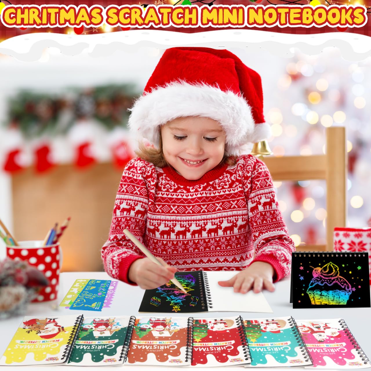 FEREDO KIDS Party Favors for Kids: 16 Pack Christmas Rainbow Scratch Art Notebook Classroom School Supplies Bulk for Girls Boys
