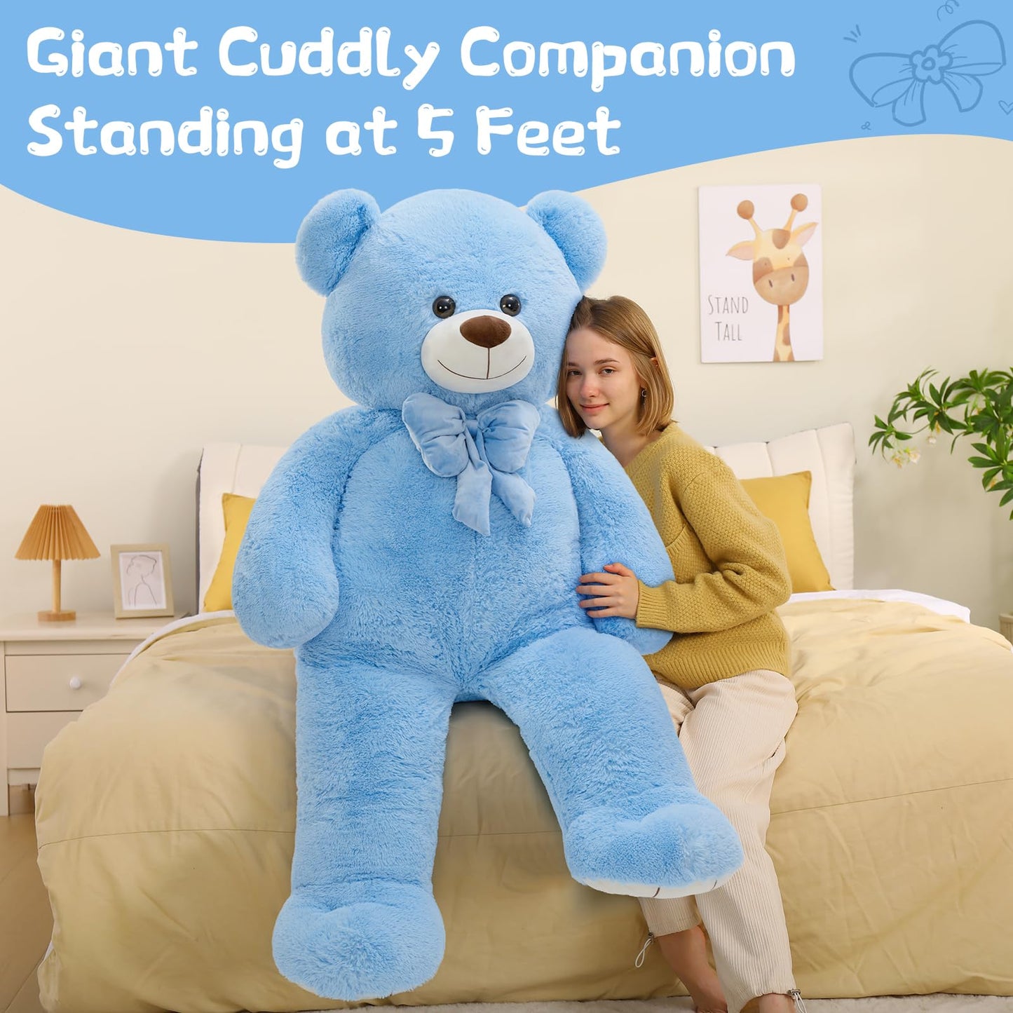 Tezituor Giant Teddy Bear Plush Toy - 5 Feet Soft Polyester Stuffed Animal - Blue - Ideal Valentine's/Birthday Gift