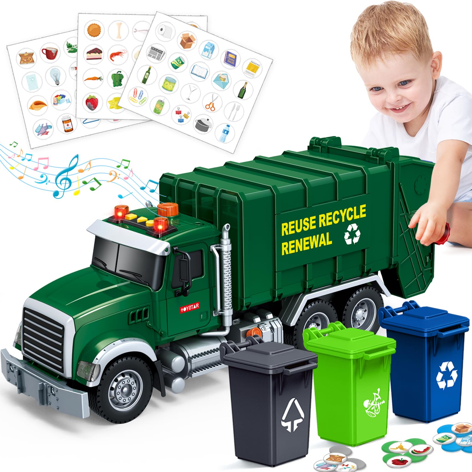 Kids Toys for 3 4 5 6 7 8 Years Old Boys, 15'' Large Garbage Truck Toy, Friction Powered Garbage Recycling Truck with Lights and