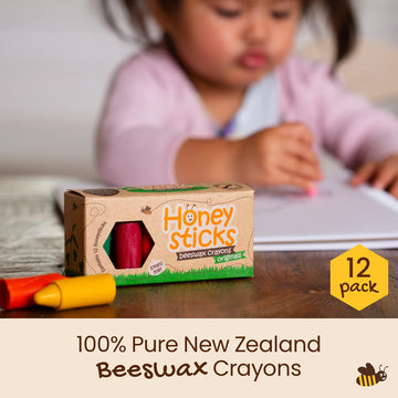 Honeysticks 100% Pure Beeswax Crayons (12 Pack) - Non-Toxic Crayons, Safe For Babies And Toddlers, For 1 Year Plus, Handmade In New Zealand With Natural Beeswax And Food-Grade Colors, Eco-Friendly.
