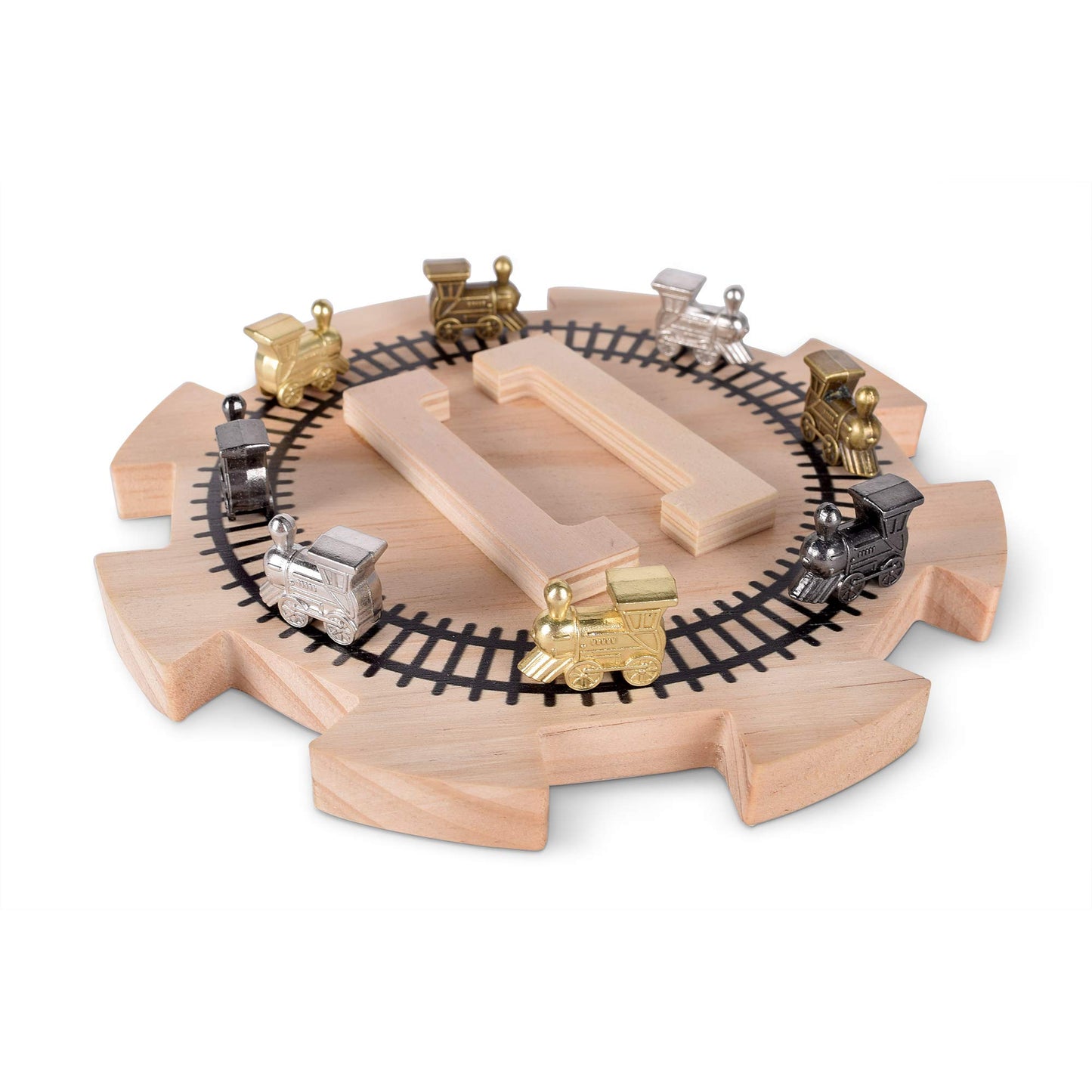 Rnk Gaming Wooden Mexican Train Hub With 8 Metal Trains And Score Pad