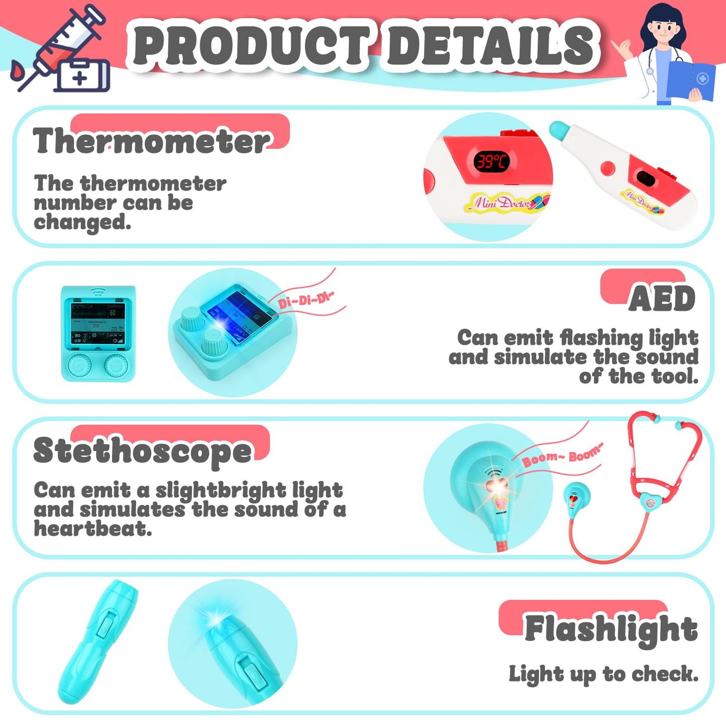 deAO Toy Doctor Kit for Kids Ages 3+, Pretend Play Medical Station Set, Toddlers Doctor Role Play Costume Dress Up Playset with