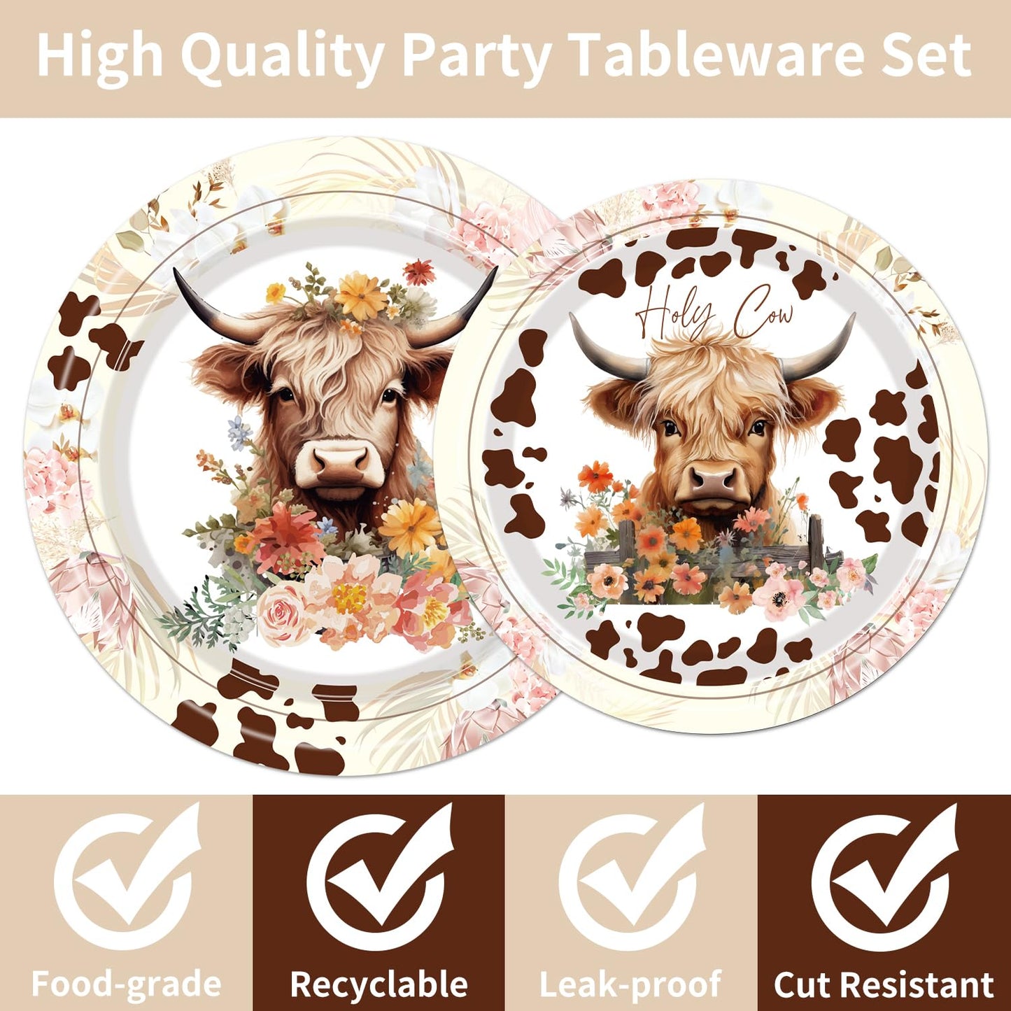 Highland Cow Party Supplies Tableware - 96 Pcs Brown Cow Tableware Disposable Plates Napkins Forks Sets For 24 Guests, Highland