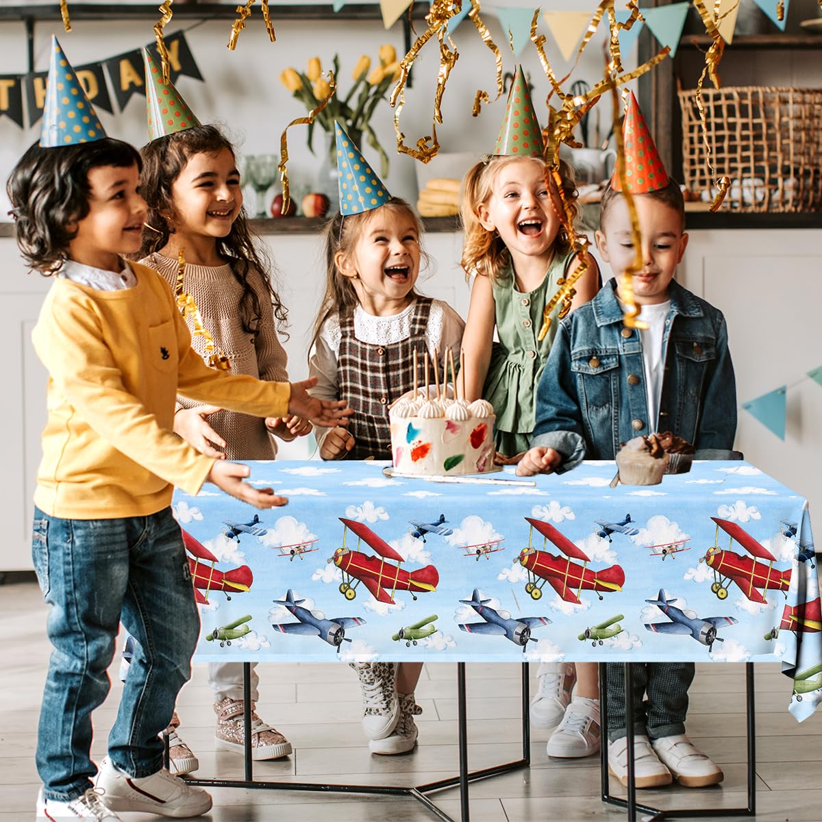 Grehumor 3Pcs Airplane Party Decorations Airplane Party Tablecloth Supplies Disposable Plastic Helicopter Blue Sky White Theme T