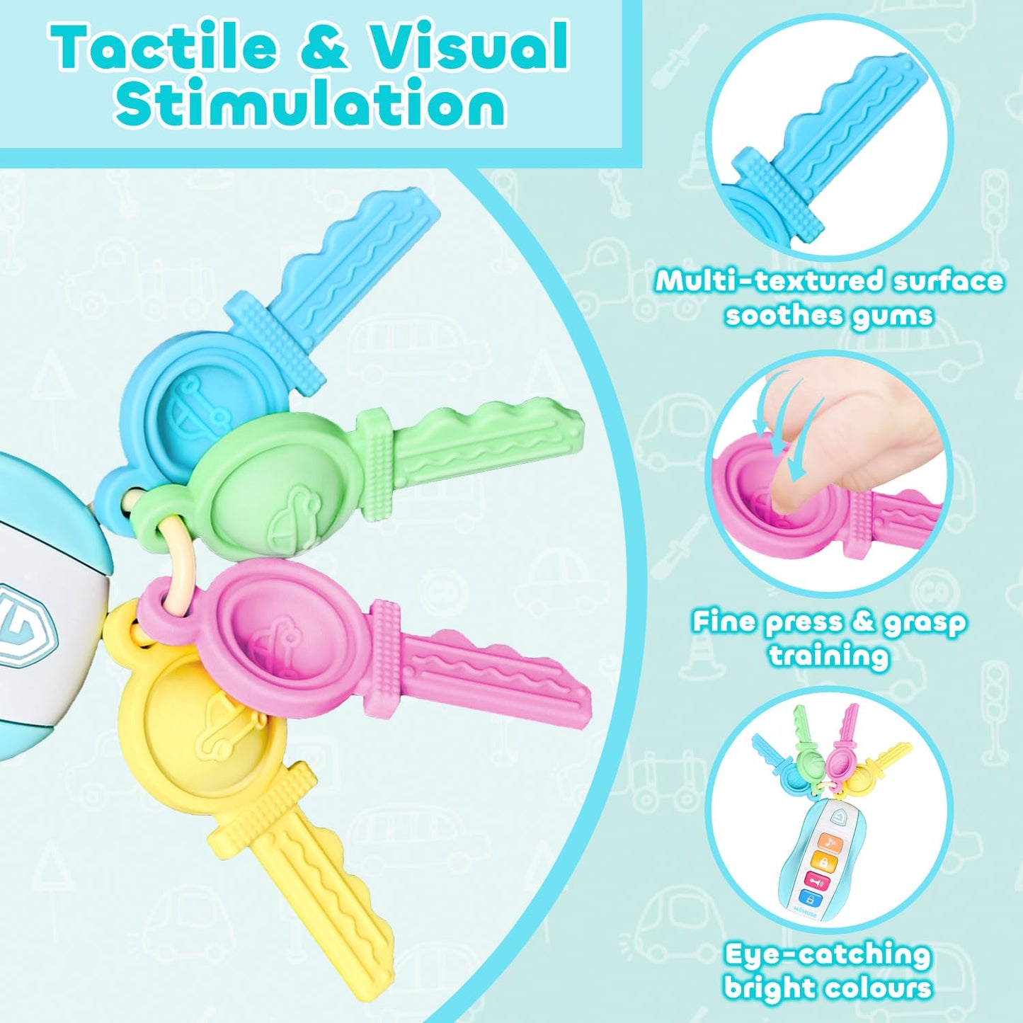 Momuse Baby Teething Relief Toys For 6-12 Months, Baby Teether Keys Car Musical Toy For 6 9 12 18 36 Months, Food Grade Silicone