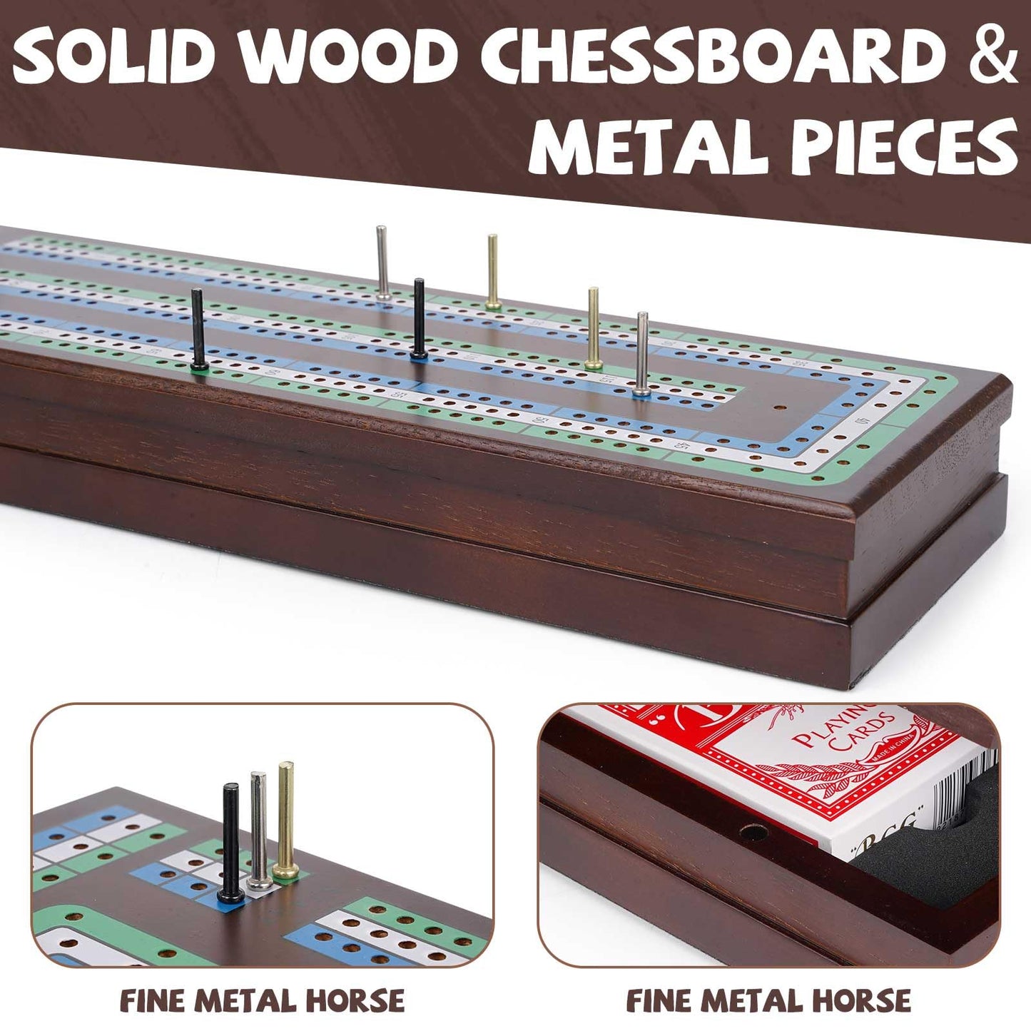 Wooden Cribbage Board Game Set  enhanced Wooden Board with Magnetic Lock and Metal Pegs  Strategy Card Game Cribbage - Travel Portable Cribbage Game Sets for Family