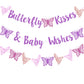 Butterfly Kisses & Baby Wishes Banner Purple Glitter Butterfly Welcome Baby Girl Banner for Butterfly Themed Gender Reveal Girls