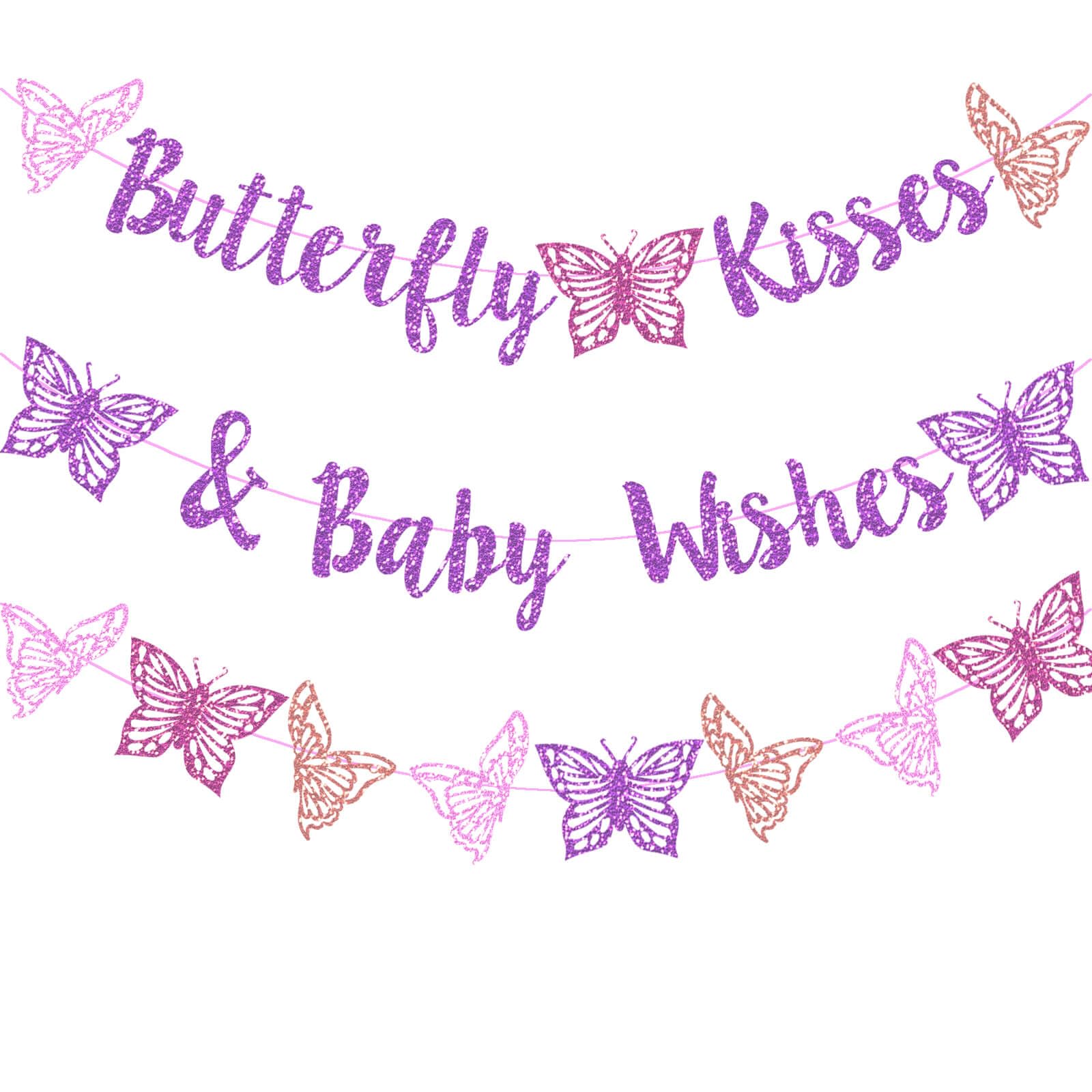 Butterfly Kisses & Baby Wishes Banner Purple Glitter Butterfly Welcome Baby Girl Banner for Butterfly Themed Gender Reveal Girls