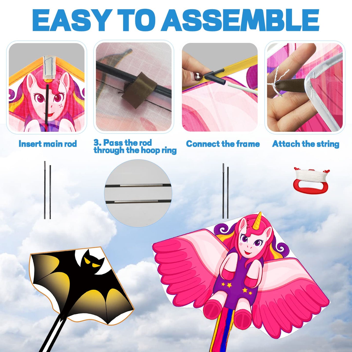 2 Pack Kites For Kids Ages 4-8 8-12 & Adults, Large Black And Unicorn Kite Easy To Fly For Beginner, Beach Kites With Kite Strin