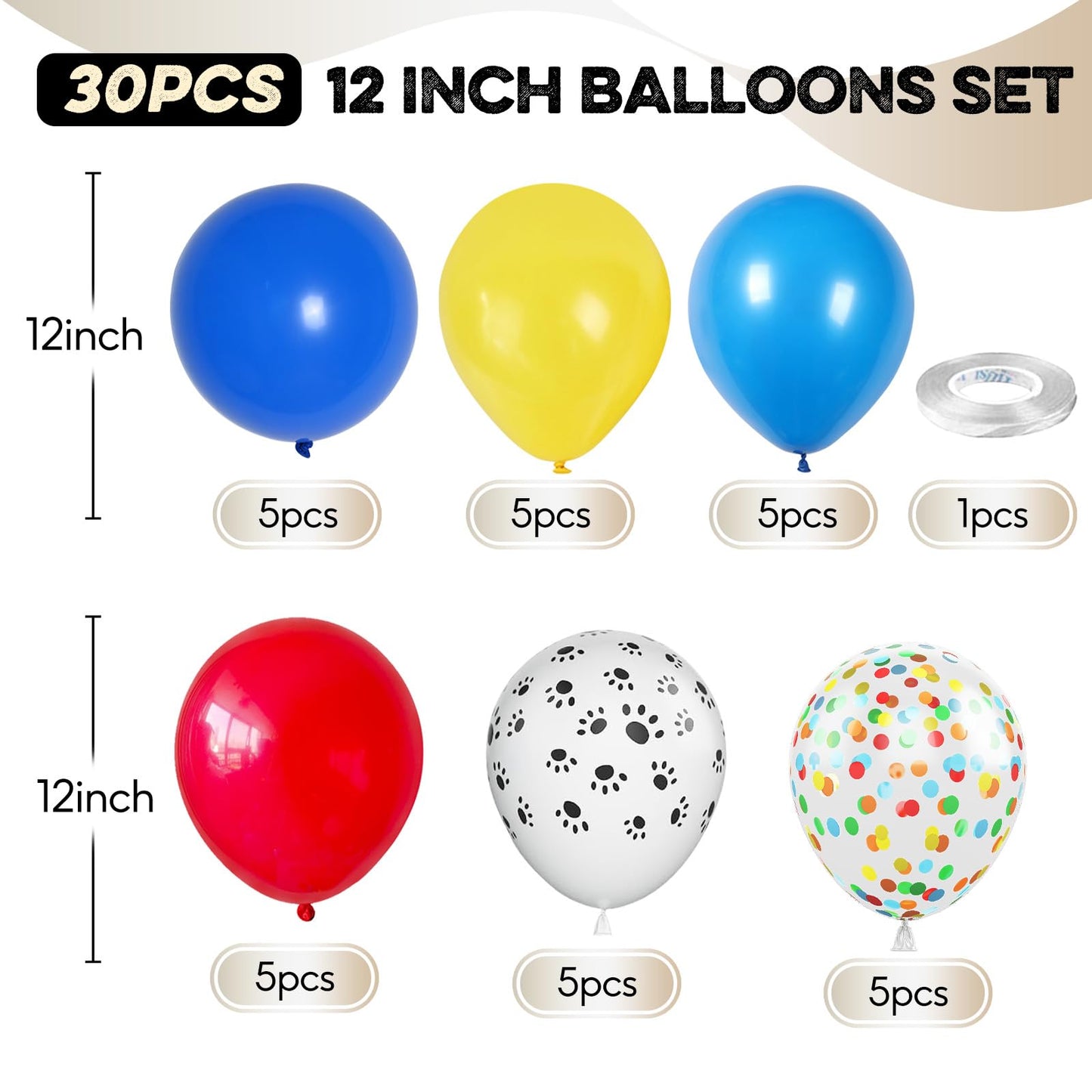 Dog Paw Balloons, 12 Inch Carnival Circus Balloons Red Yellow Blue And White Paw Print Puppy Balloons Colorful Confetti Latex Ba