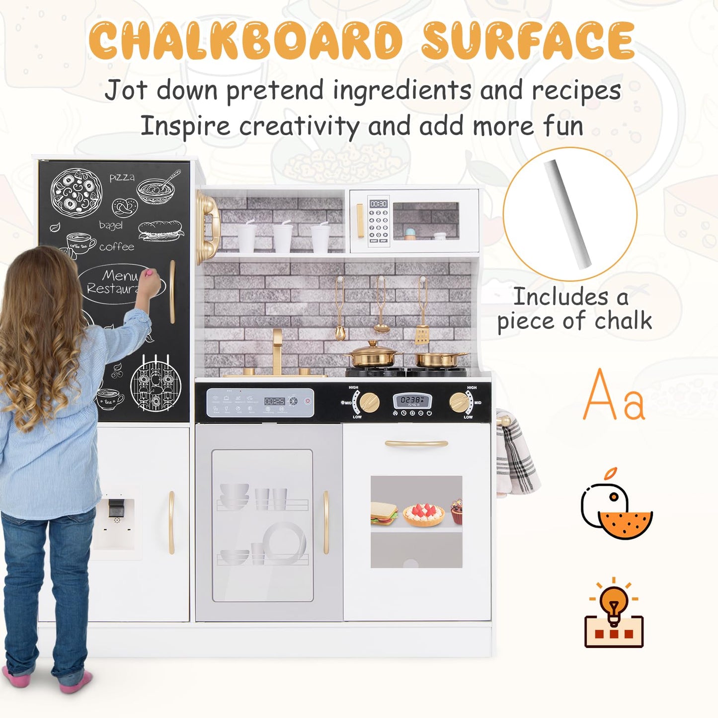 Costzon Play Kitchen For Kids, Wooden Toy Kitchen Set With Stoves, Microwave, Blackboard, Water Dispenser, Telephone, Cooking Ac