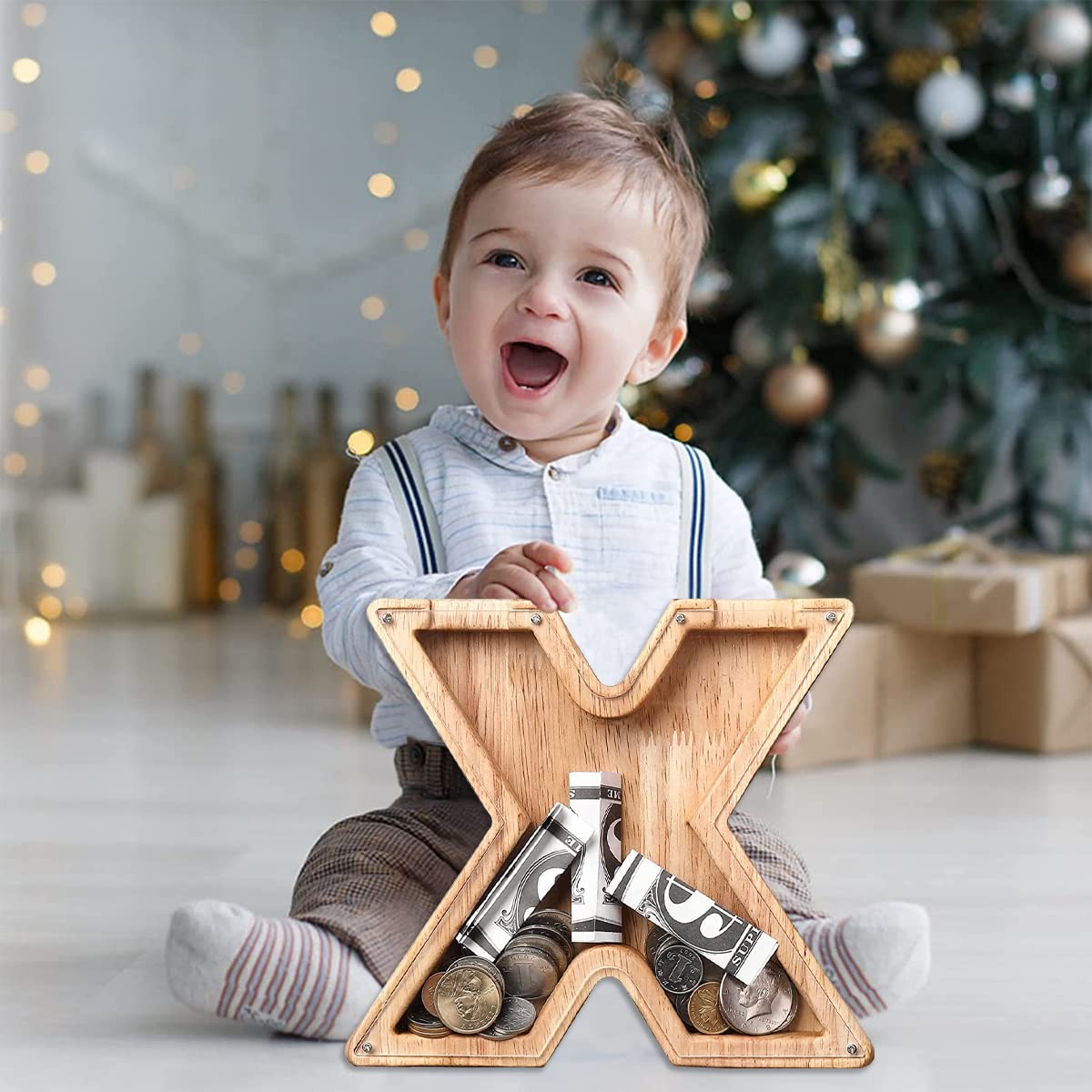 Weallbuy Piggy Bank For Kids Personalized A-Z Letter Piggy Bank Wooden Transparent Letter Money Box Decoration Creative Money Ja