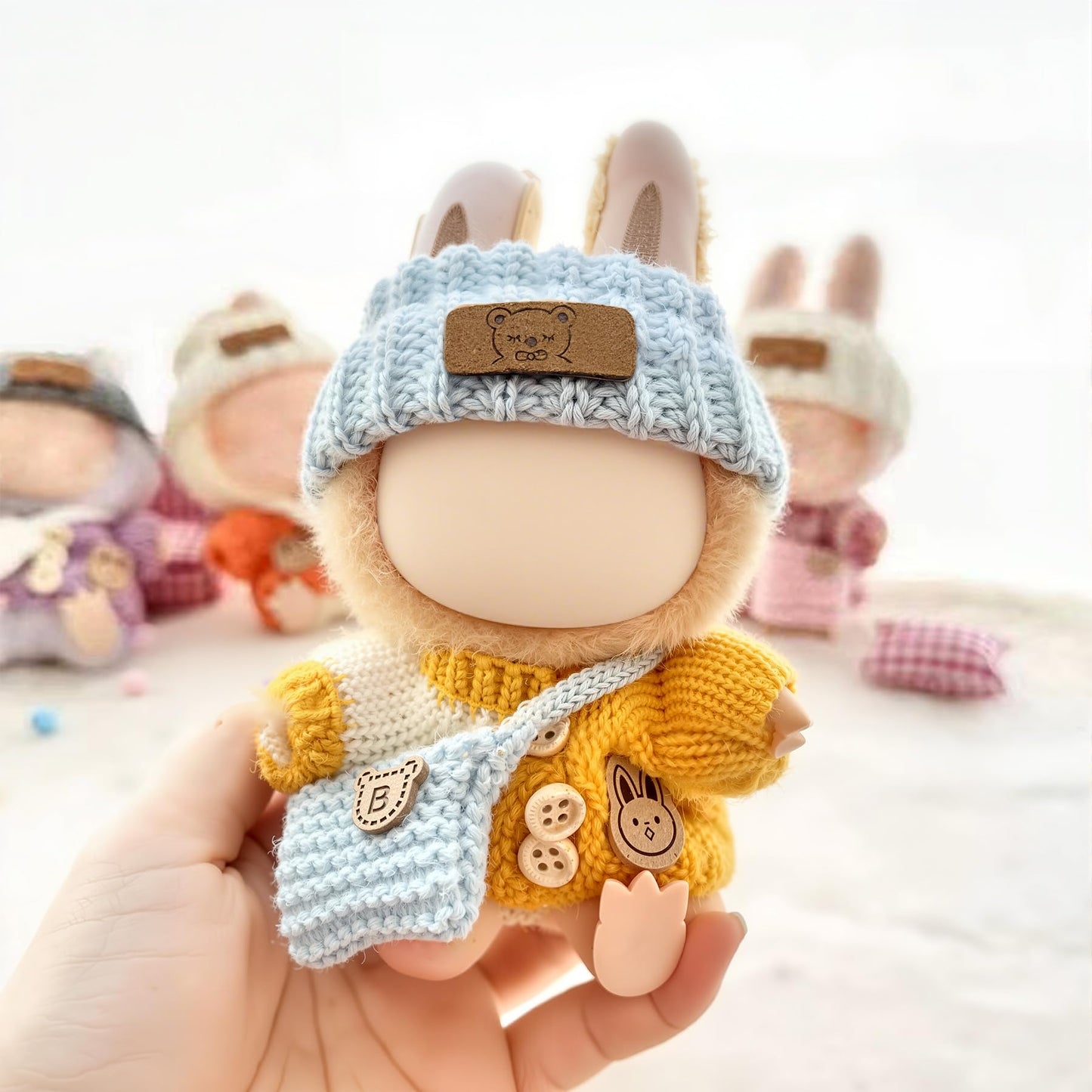 Clothes for 17cm Doll (NO Doll)  Handcrafted Crochet Outfits for 17cm Dolls with Accessories Boy and Girl 6-Piece Clothes Set  Cute Stylish Clothing with hat and Bag for Dolls Dress up (Yellow)