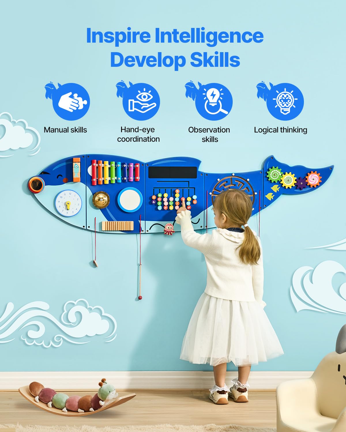 VEVOR Orca Activity Busy Board Wall, 12 Wall Activities Board, Montessori Sensory Wall Panel for Kids 3-12 Years, Sensory Wall A