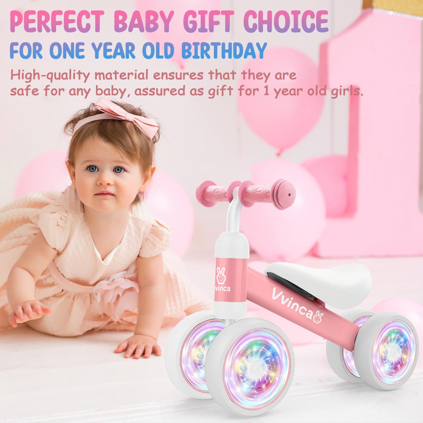 Vvinca Baby Balance Bike For 1 Year Old Girl Gifts, 4 Colorful Lighting Silent Wheels, 10-24 Month Toddler Soft Seat Balance Bik