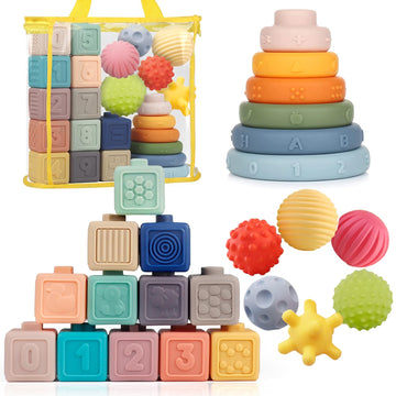 Montessori Toys Soft Stacking Building Blocks Rings Balls Sets 3 In 1 Baby Toys Bundle For Babies 6-12 Months Sensory Toys For Toddlers 1-3 Teething Bath Toys For Infants Learning Toy