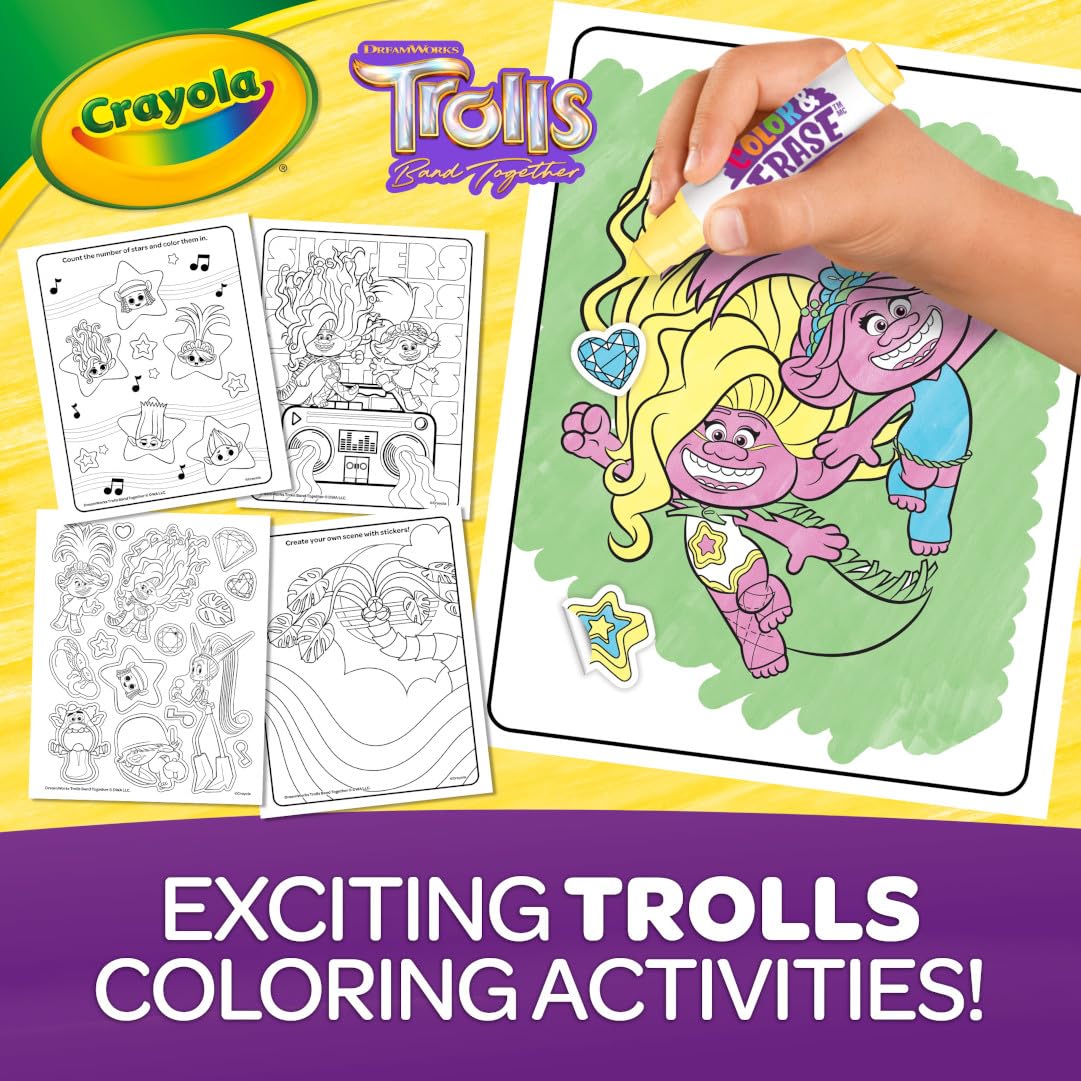 Crayola Trolls Color & Erase Sticker Activity Pad, 12 Reusable Trolls Coloring Pages & 100 Stickers, Gift