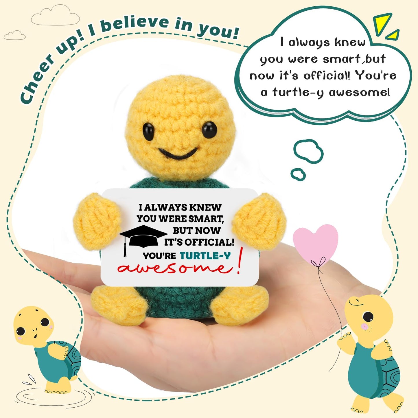 NEVERNERVE Funny Turtle Graduation Gift - Handmade Crochet Turtle, 3.5 inches, Yellow - Perfect for 2025 College Graduation Celebrations