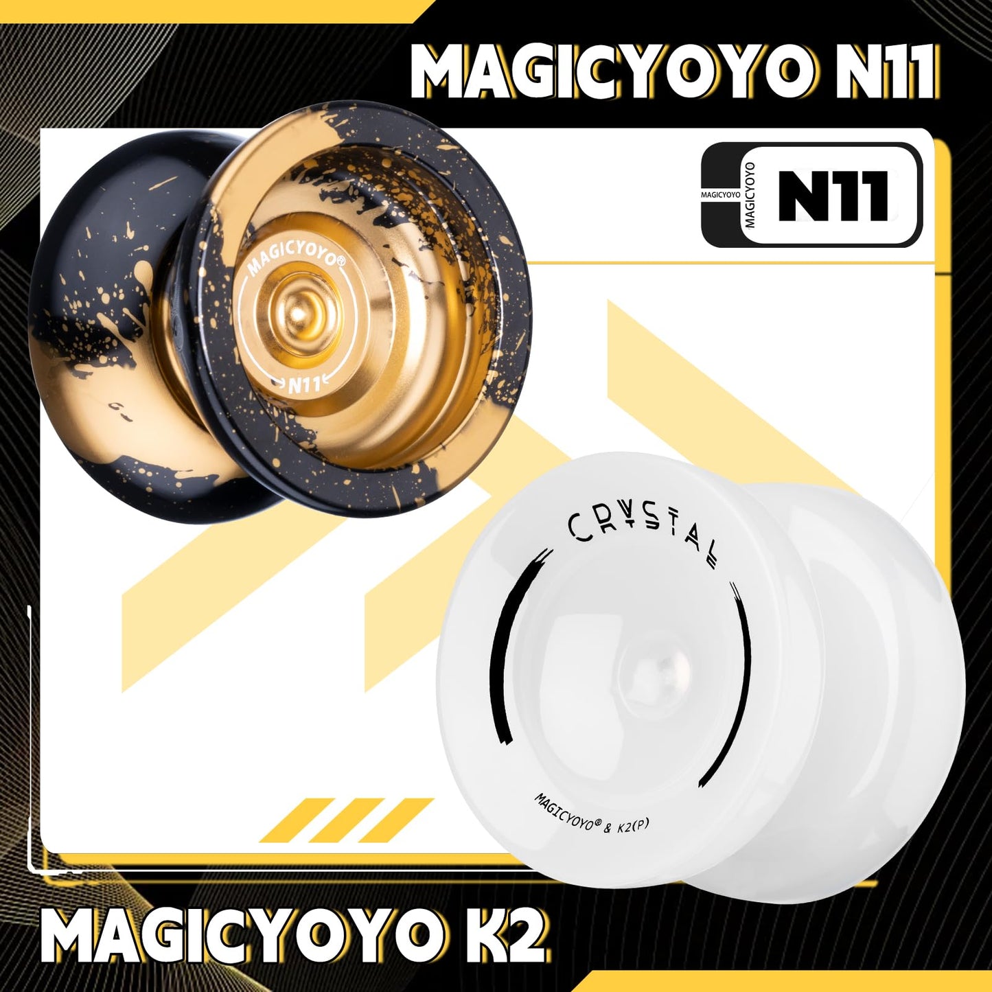 Magicyoyo Pack Of 2 Responsive Yoyos - N11 Black Golden Yoyo And K2 Snow White Fingerspin Yoyo For Kids Beginners, Dual Purpose