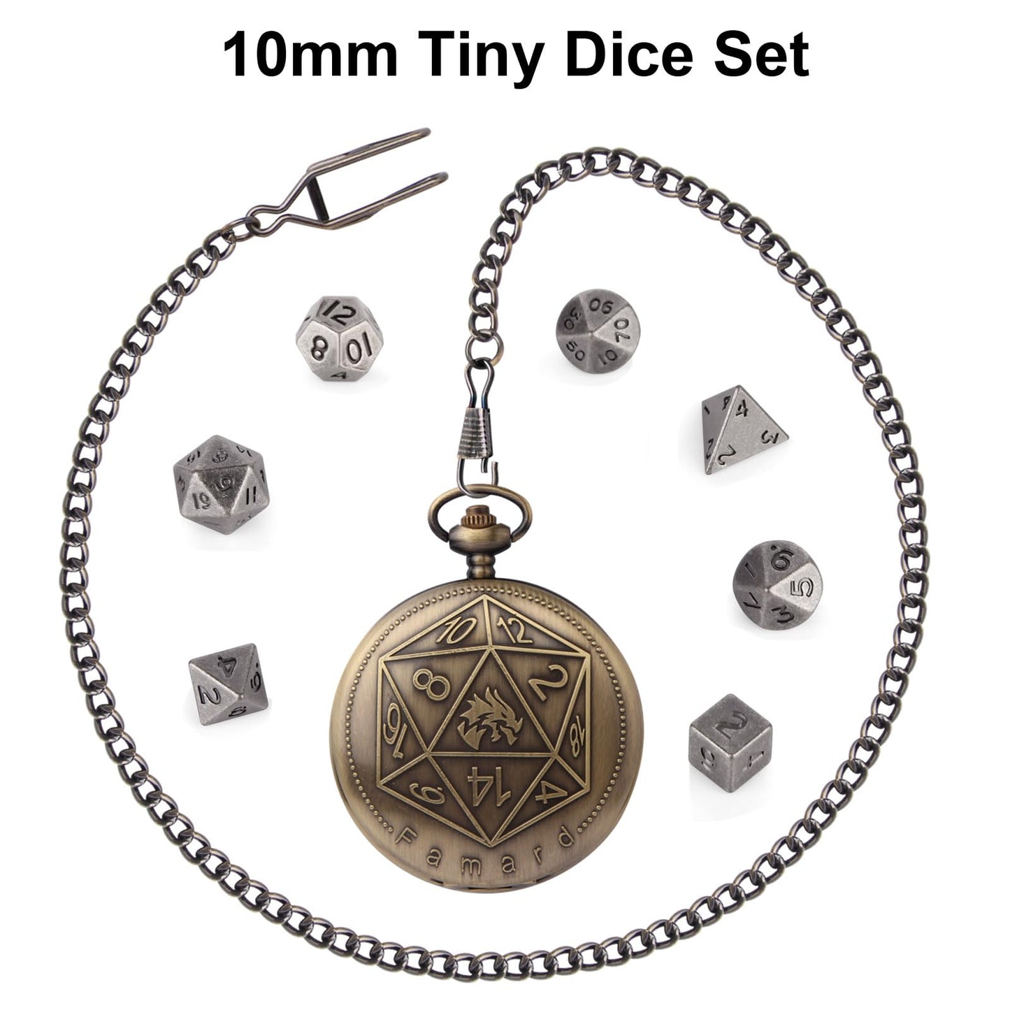 Famard 10mm Tiny DND Dice Set with Vintage Pocket Watch Shell Case, Polyhedral Metal D&D Dice Set for Dungeons and Dragons, RPG