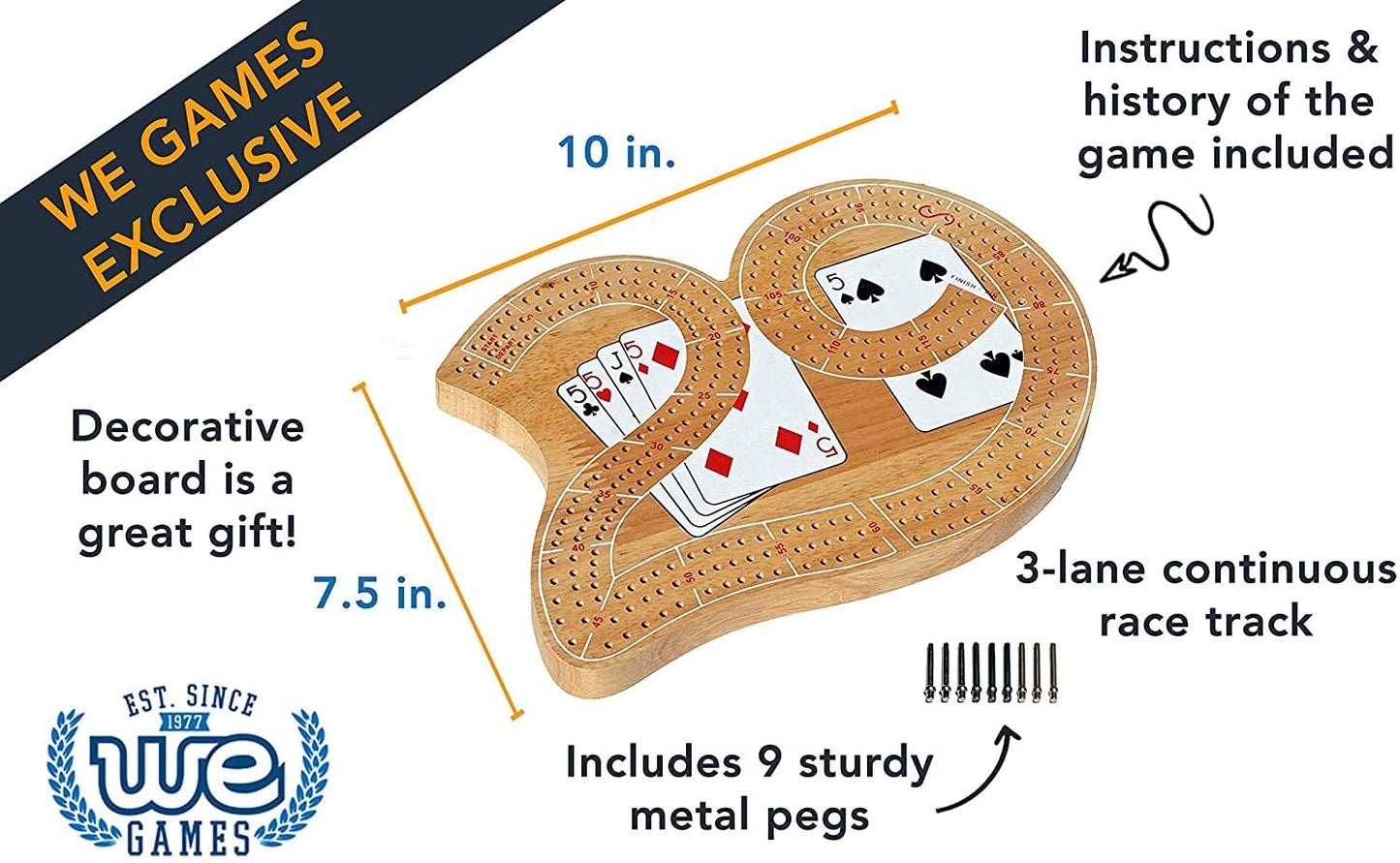 We Games Classic 29 Cribbage Set - Solid Wood 3 Track Board With Metal Pegs, Unique Design And Cribbage Board Game Set For Adults, 9 Metal Cribbage Pegs, 10.5 Inches