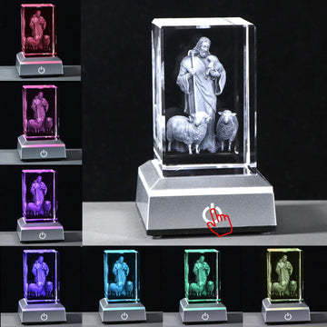 Ywhl 3D Crystal Good Shepherd Statue With Colorful Base Laser Engraved Jesus Figurine For Religious Gifts For Women Men On Chris