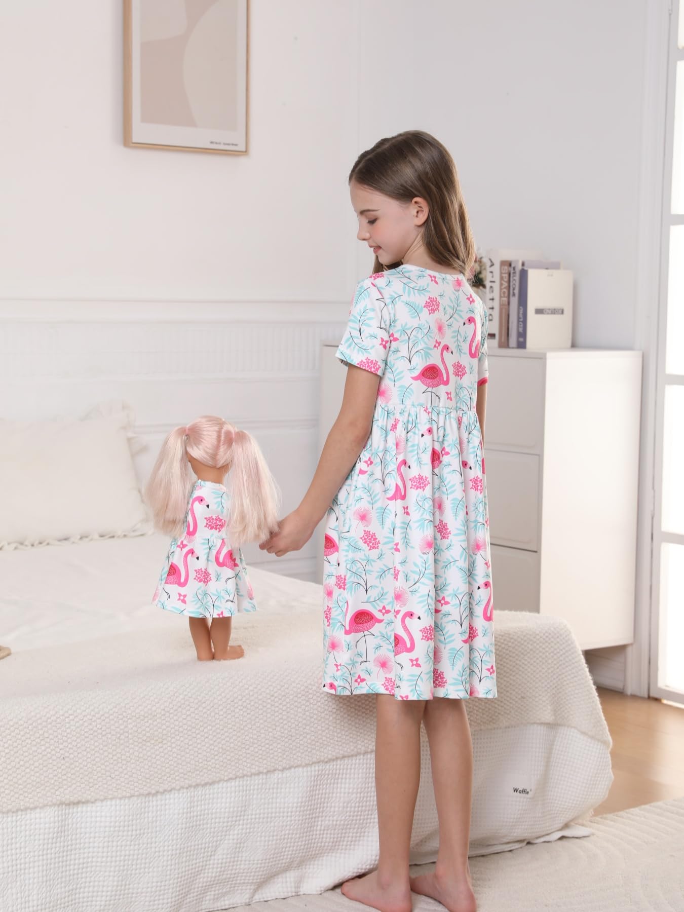 Bow Dream Girls Cute Pattern Dress And Matching American Girl Doll Clothes Accessories For Girls Flamingo Size 110