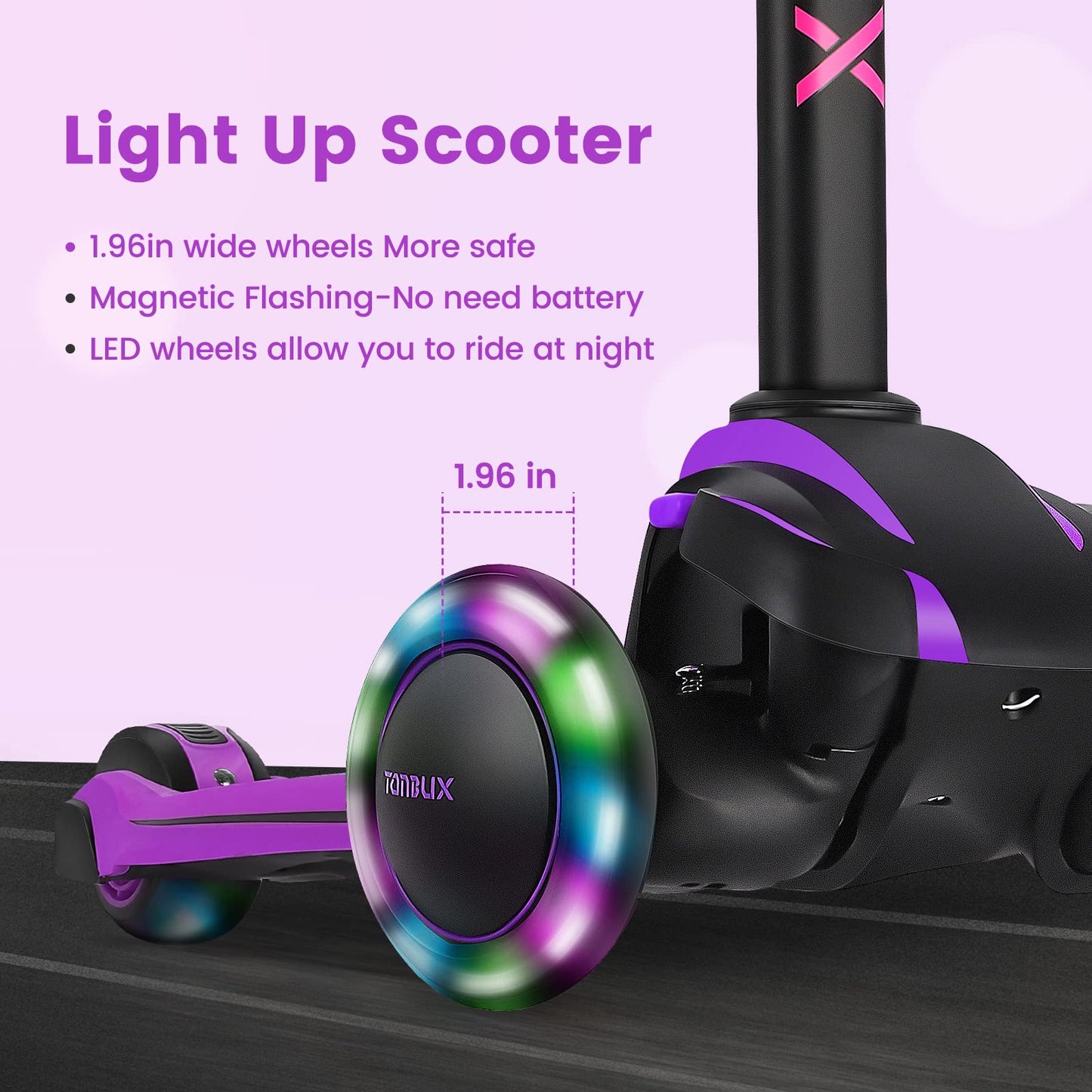 TONBUX Kids Scooter - Adjustable 4 Heights, Light Up Wheels, Shock Absorption, Purple, 5.9*25.6", Model D3