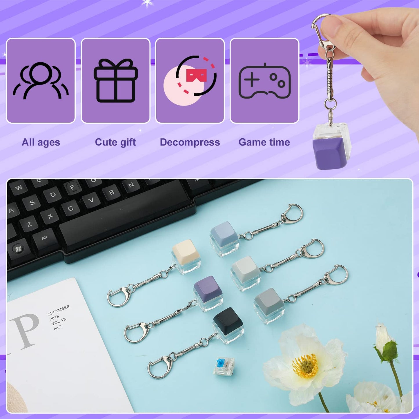 6Pcs Keyboard Fidget Keychain, Removable Carabiner Keychain Clip Keycap Fidget Toy Clicker Keychain Fidget Buttons Decompression
