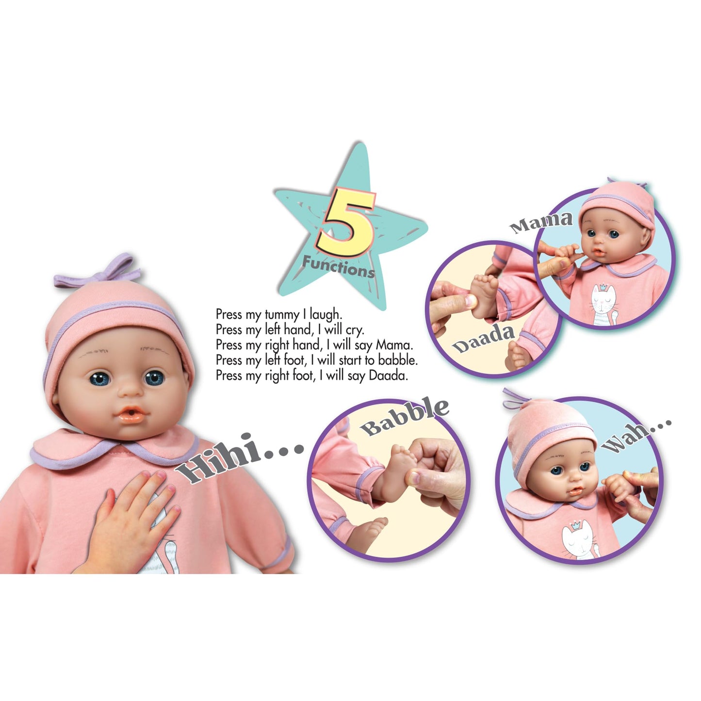 Lissi: Interactive Baby Doll Jamie - 15' Pink Kitty - Talking, 5 Baby Sounds, Bottle, Bib, Pacifier, Press Hand, Feet & Tummy, Play Toy, Kids Ages 2+