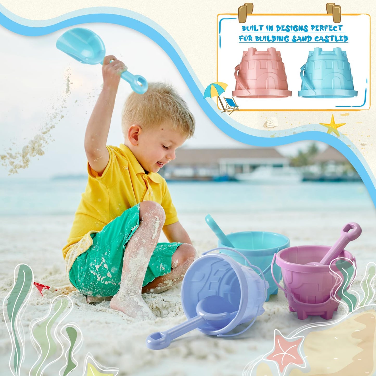 Sosation 100 Pcs Sand Buckets and Shovels for Kids Bulk 5.5 Inch Plastic Castle Model Sand Buckets and Beach Shovel Toys Beach P