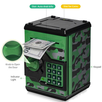 Atm Piggy Bank For Boys Girls, Vcertcpl Mini Atm Coin Bank Money Saving Box With Password, Kids Safe Money Jar For Adults With Auto Grab Bill Slot, Great Gift Toy Bank For Kids (Camouflage Greengray)