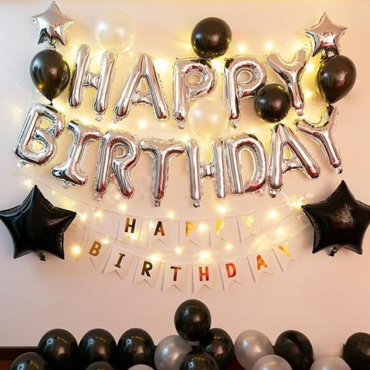 Happy Birthday Balloons Banner, Silver Happy Birthday Foil Balloons 16 Inch Mylar Foil Letter Balloons With 8 Pcs Black Silver S
