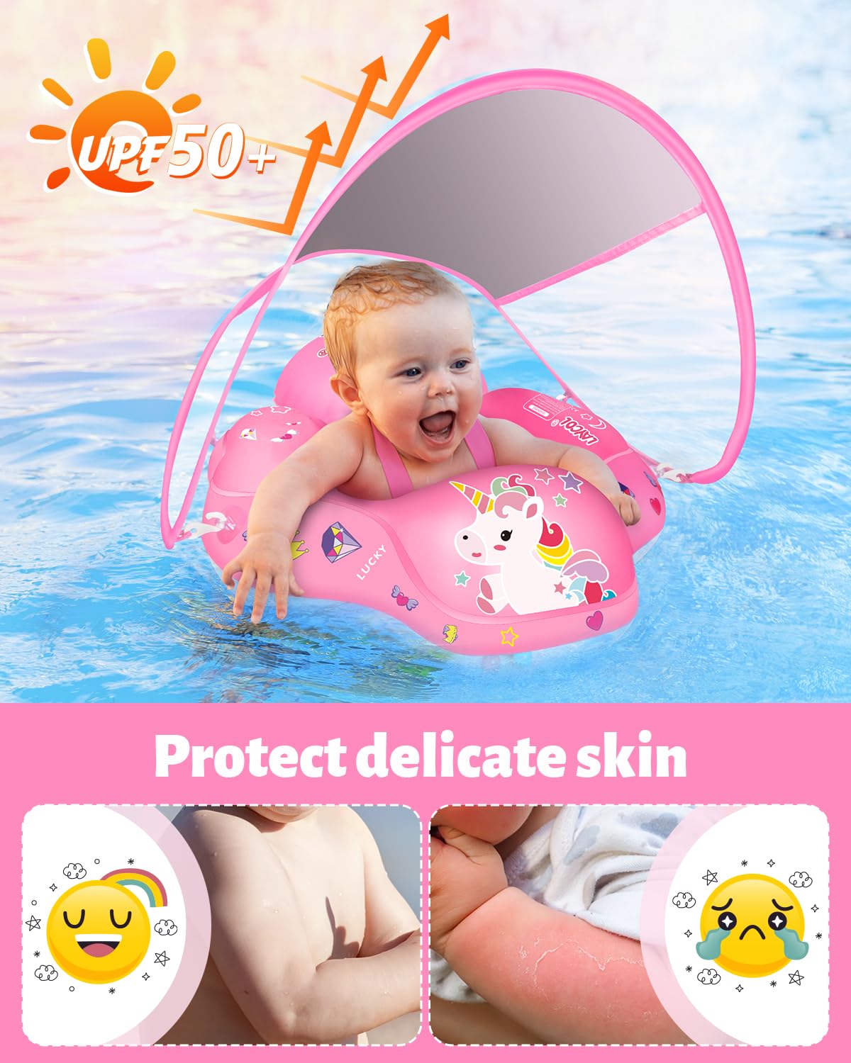 Laycol Baby Swimming Float Inflatable Baby Pool Float Ring With Sun Protection Canopy,Add Tail No Flip Over For Age Of 3-36 Months (Unicorn, Large)