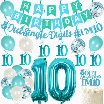 Joymemo 10Th Birthday Decorations For Girl Teal - Peace Out Single Digits I'M 10 Garland & Cake Topper Turquoise Happy Birthday Banner Number 10 Balloons Double Digits Birthday Party Supplies