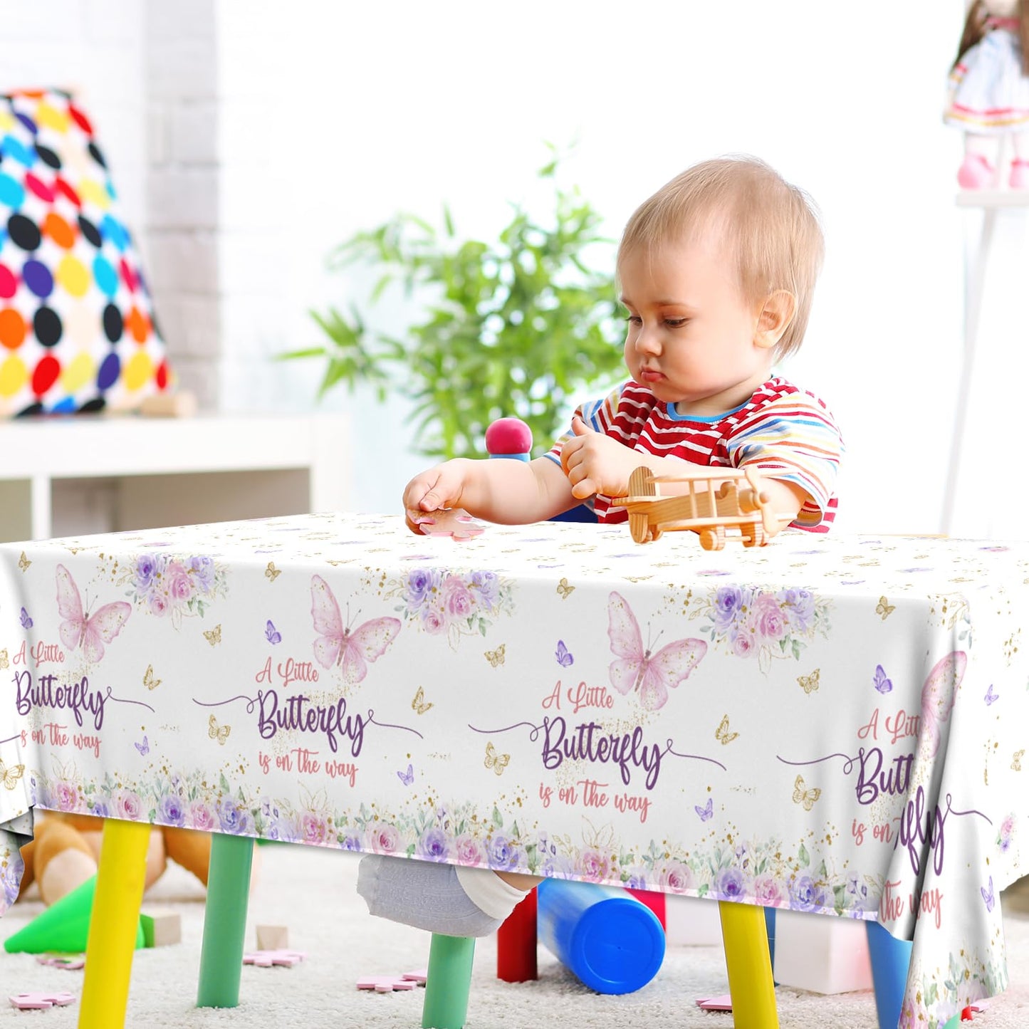 Butterfly Baby Shower Tablecloth Decoration,A Little Butterfly Is One The Way Baby Shower Decoration 3Pcs Waterproof Pink And Pu