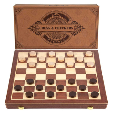 Amerous 15 Inches Magnetic Wooden Chess & Checkers Set (2 In 1) - Folding Board -Gift Box Packed -24 Cherkers Pieces -2 Extra Queens, Beginner Chess Set For Kids And Adults