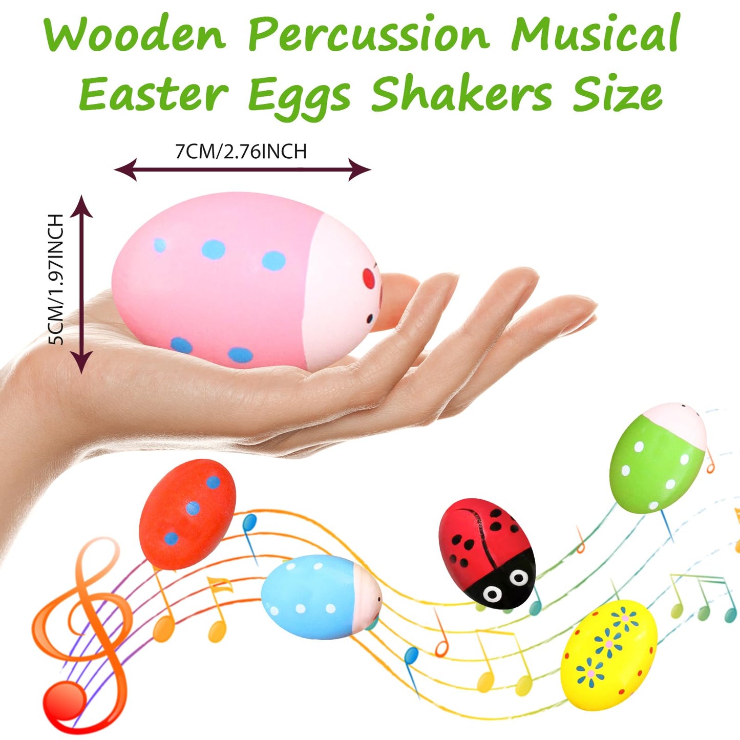 6 Pack Wooden Percussion Musical Easter Eggs Shakers - Colorful Hand-Painted Instruments For Kids, Ideal For Christmas Stocking