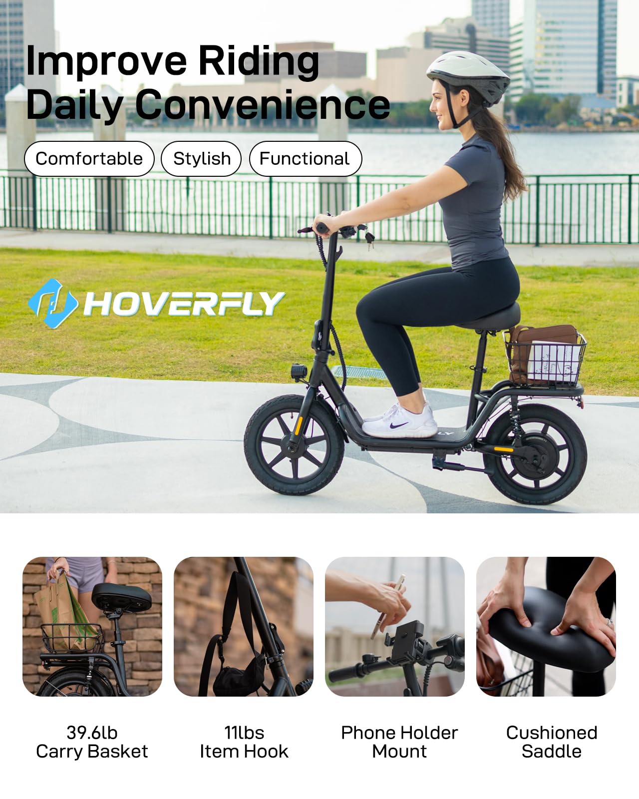Hoverfly Z5 Electric Scooter with Seat for mature-themed  18.6Miles Range&15.5Mph Power by 400W Motor  14 Pneumatic Tire&Height Adjustable Seat  Foldable Commuter Scooter with Phone Holder  Hook&Carry Basket