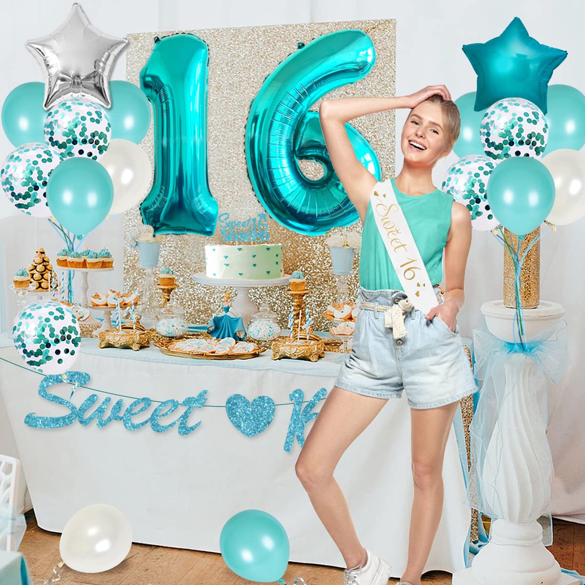 16Th Birthday Decorations For Girl Teal - Sweet 16Th Birthday Party Supplies Happy Birthday Banner Sweet 16Th Sash Cake Topper T
