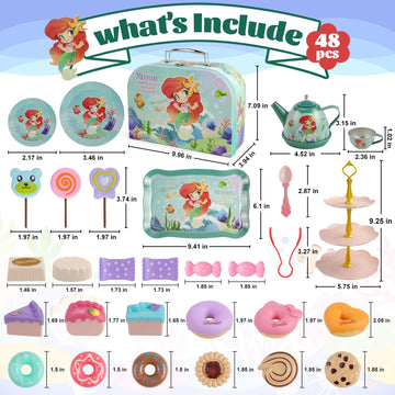 Motiloo 48 Pcs Mermaid Kids Tea Party Set with Carrying Case & Sweet Treats Playset - Pretend Toy Tin Tea Set for Little Girls -
