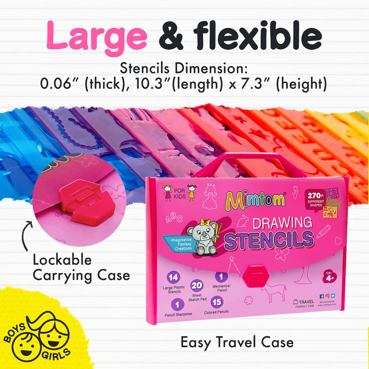 Mimtom Drawing Stencil Kit for Kids, 51 PC Art Set with 270+ Shapes, Sketch Pad, and Colored Pencils for Childs DIY Arts and Cr