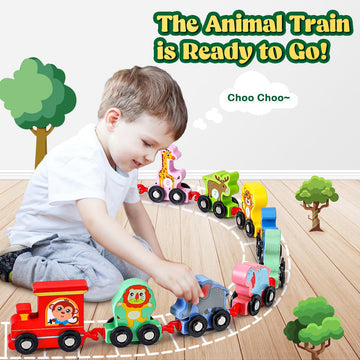 Edujoy Toddler Toys For 2-3 Year Old Boy, Wooden Animal Train Set, Montessori Toys For 2 3 Year Old Boy Christmas Birthday Gifts, Learning Toys For Toddlers 2-4 Years Girl Toys Age 2 3