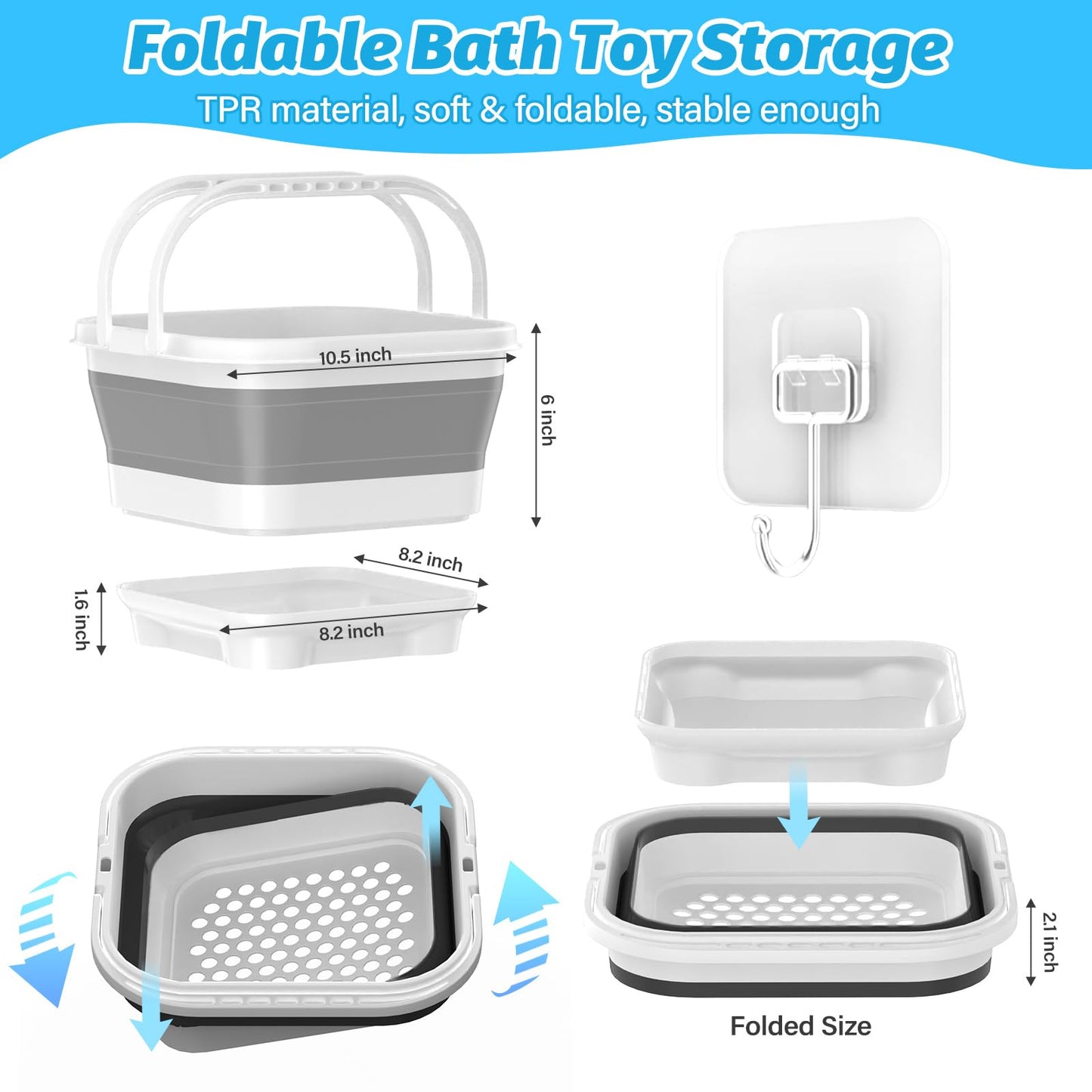 Anivia Foldable-Bath-Toy-Storage-Organizer, Bath Toy Holder With Removable Base, Quick-Drain-Drying Bathtub Toy Storage, Basket Bathroom Shower Toys Holder For Kids (Gray)